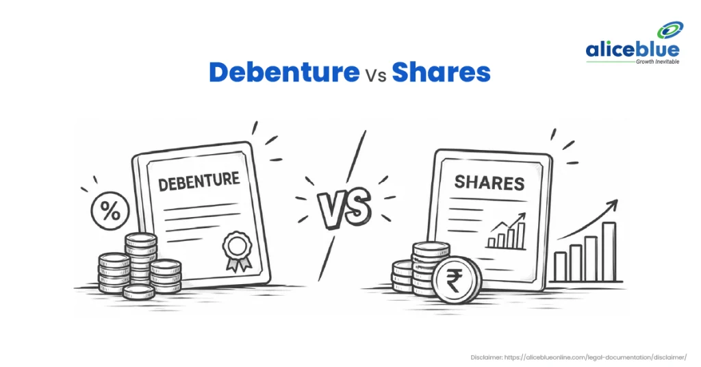 Debenture vs shares compared, with a debenture certificate earning fixed interest on one side and a share certificate with a growth chart on the other