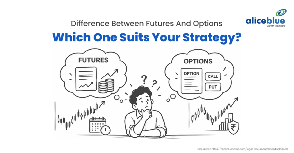 Trader comparing futures and options, with a futures contract with margin and expiry on one side and call and put options on the other