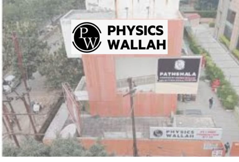 PhysicsWallah-campus-building-with-brand-boards-and-aerial-outdoorview