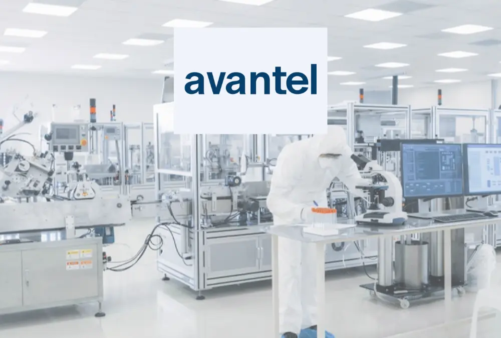 Avantel logo in modern high-tech lab environment