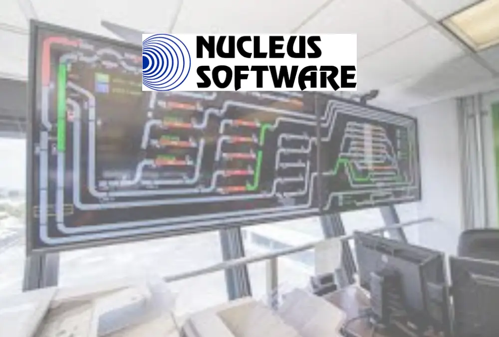 Nucleus Software logo over trading-floor style display screens