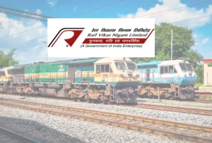 RVNL logo over train on railway tracks