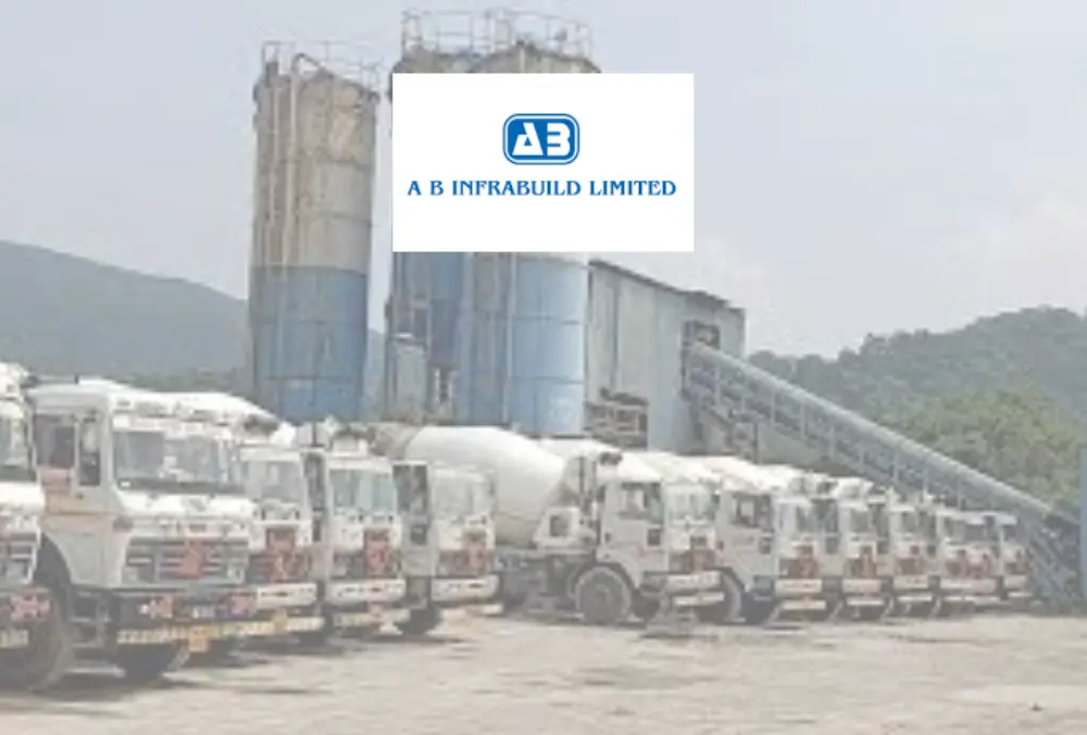 A B Infrabuild logo over cement plant and truck fleet