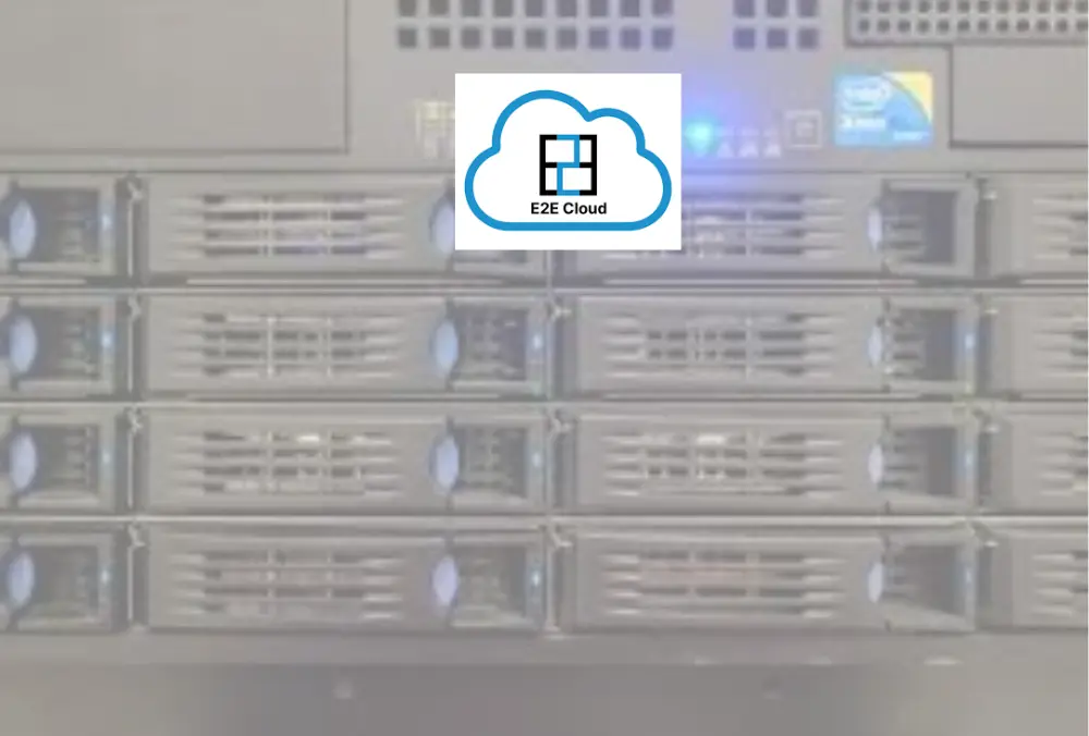 E2E Cloud logo over server rack hardware