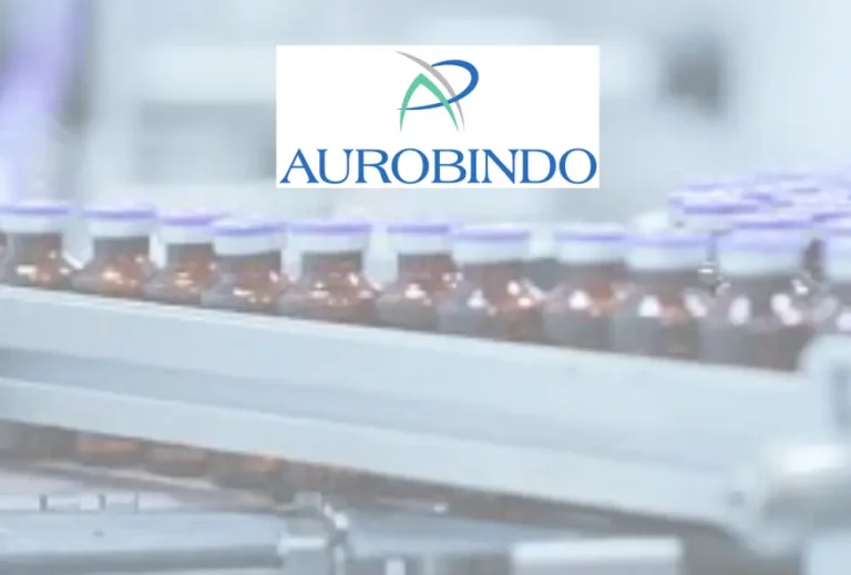 Aurobindo logo over pharmaceutical vial production line