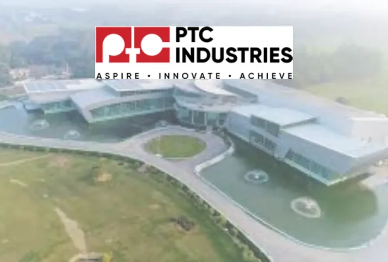 PTC Industries logo over aerial view of modern facility