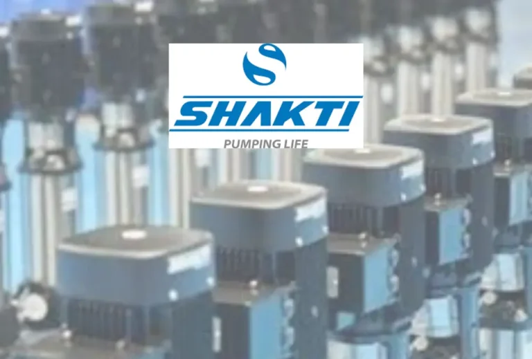 Shakti Pumps logo over row of industrial pump motors