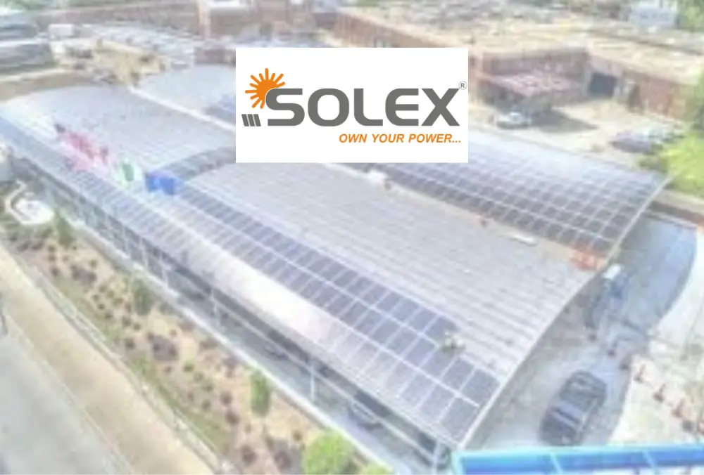 Solex logo over rooftop solar panels on industrial building