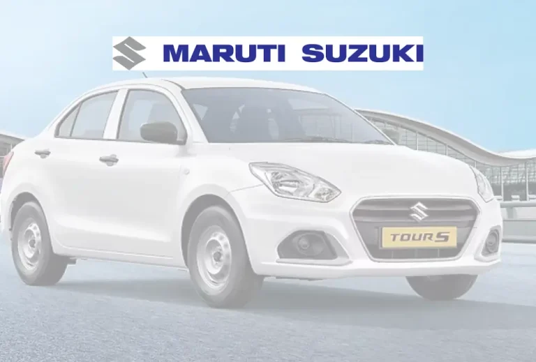 Maruti Suzuki logo above white sedan car on road