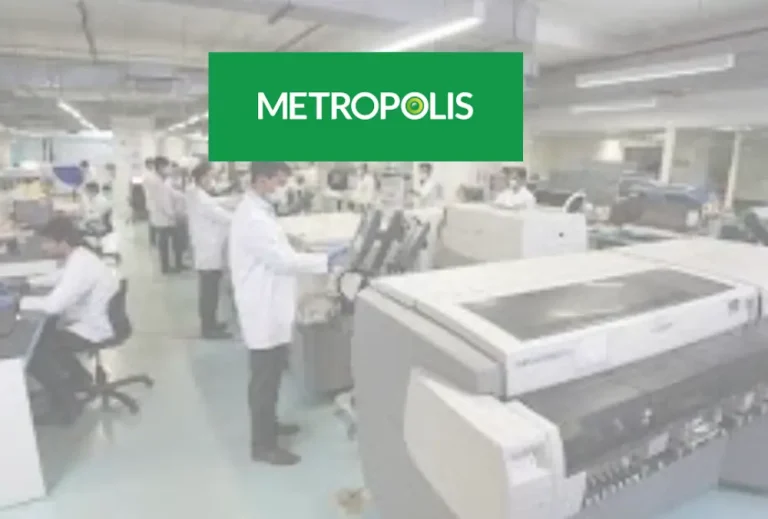 Metropolis logo over diagnostic lab with technicians and machines