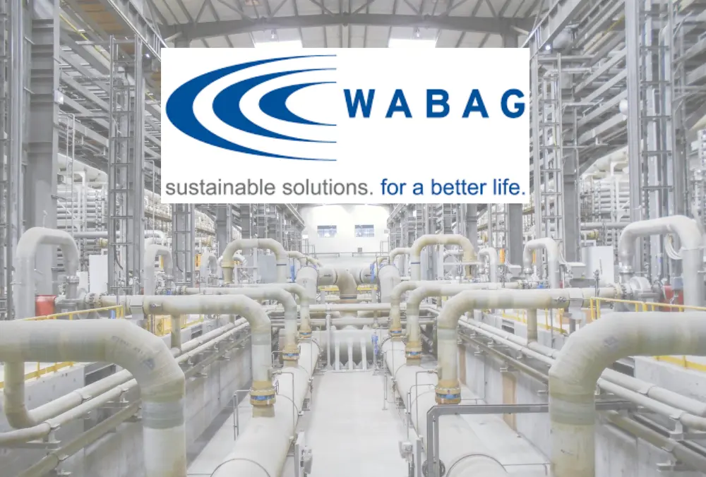 WABAG logo over industrial water treatment plant piping