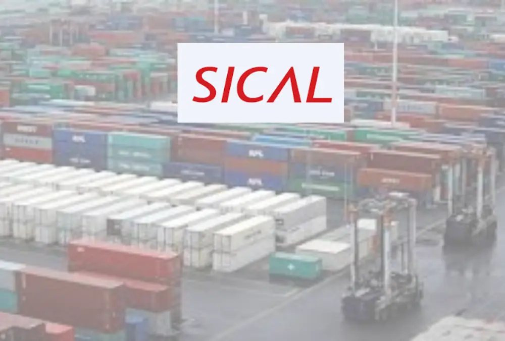 Sical logo over shipping container yard with forklifts