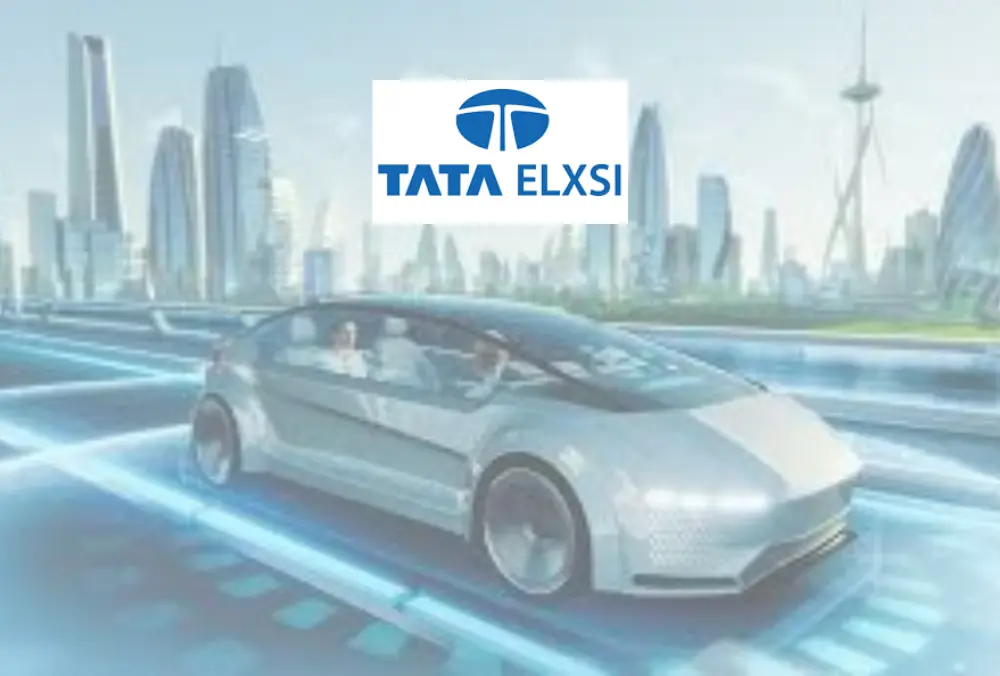 Tata Elxsi logo over futuristic car in smart city scene