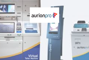 Aurionpro logo over virtual teller and banking kiosk machines