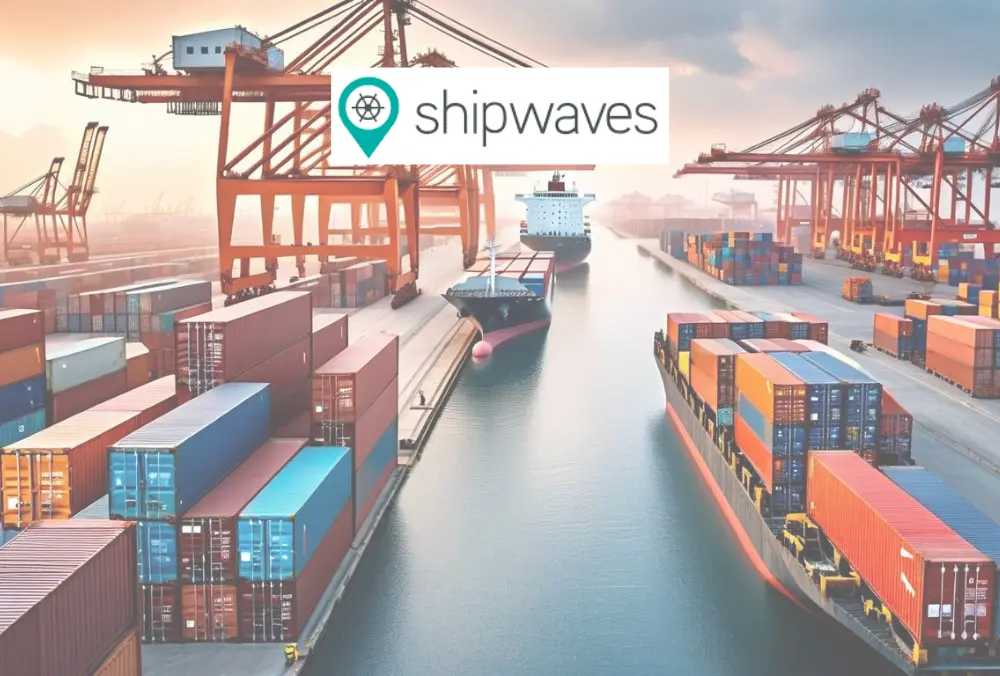 Shipwaves cargo port with container ships and cranes