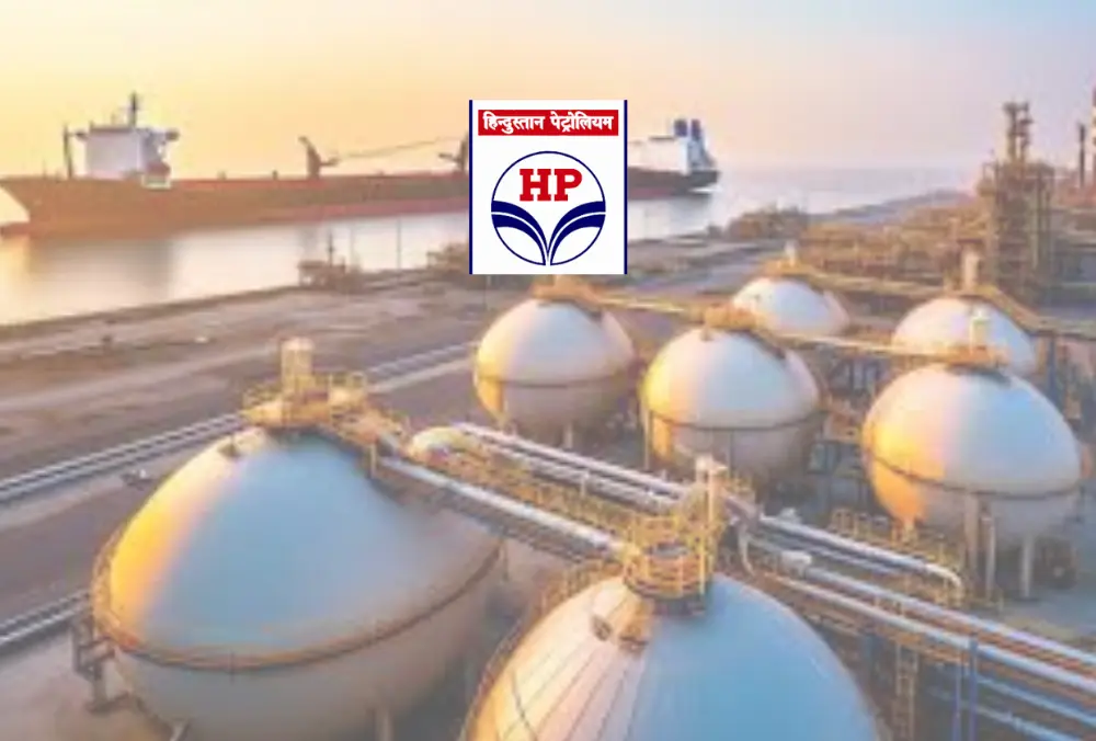 HP petroleum storage tanks at port with cargo ship