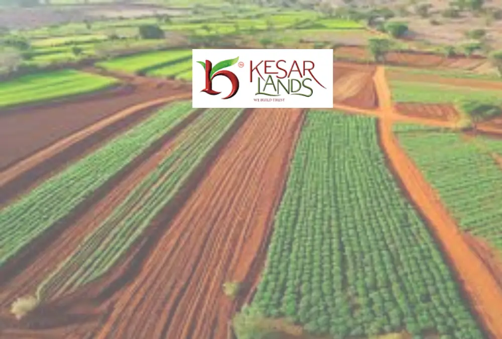 Kesar Lands logo over agricultural farmland aerial view