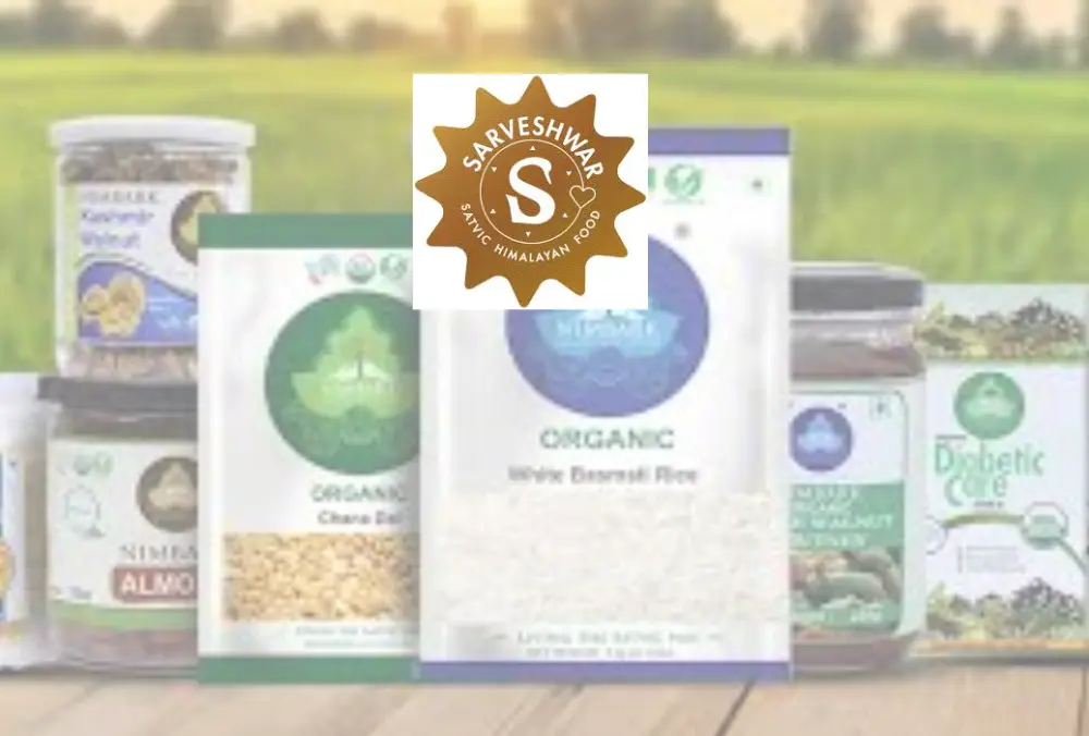 Sarveshwar logo over organic food product packaging display