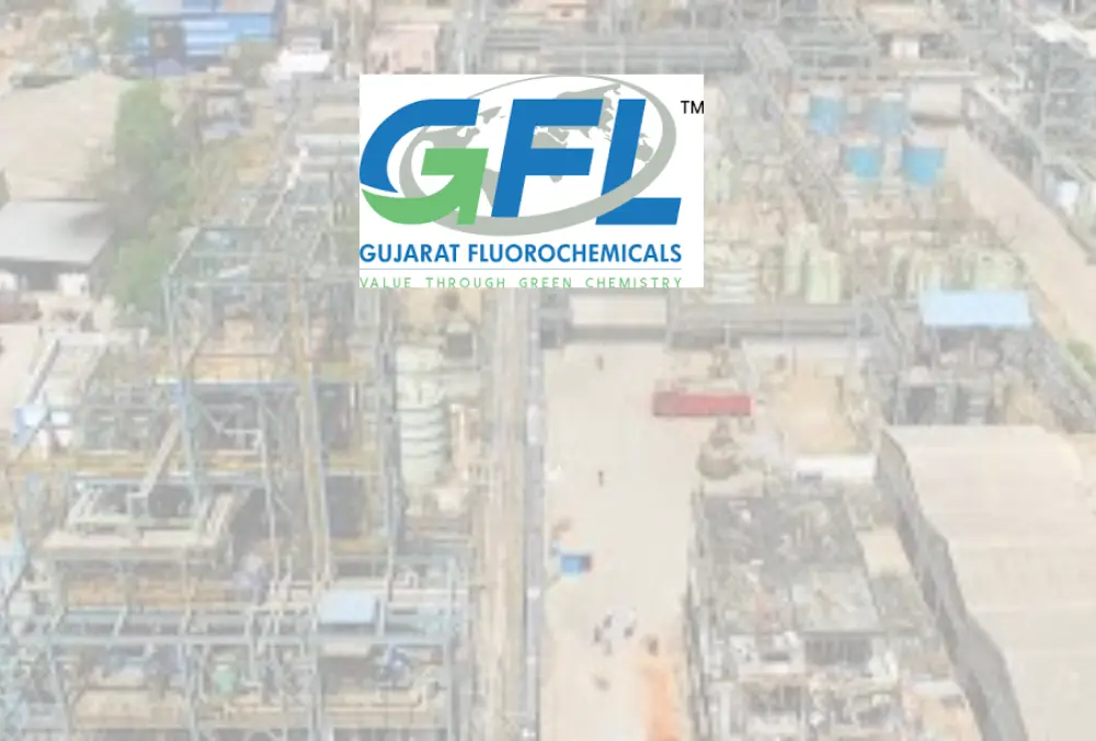GFL Gujarat Fluorochemicals logo over industrial plant background