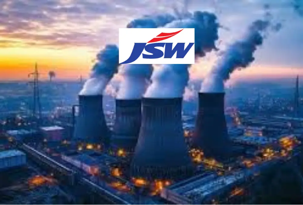 JSW power plant with cooling towers at sunset