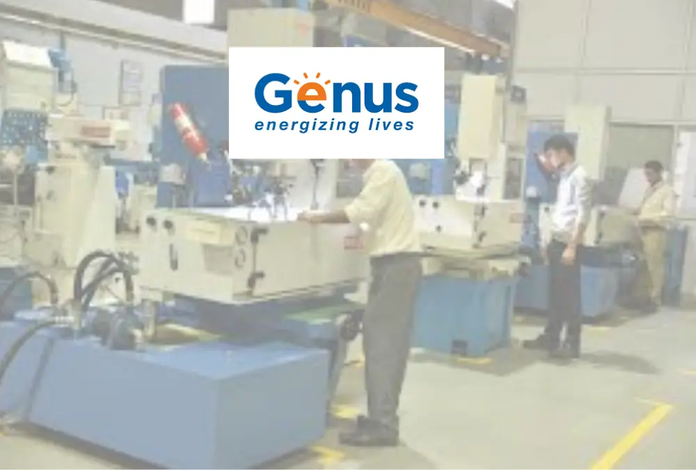 Genus logo displayed over an electrical manufacturing facility interior