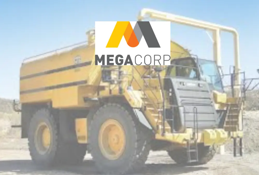 MEGACORP logo displayed over heavy mining dump truck
