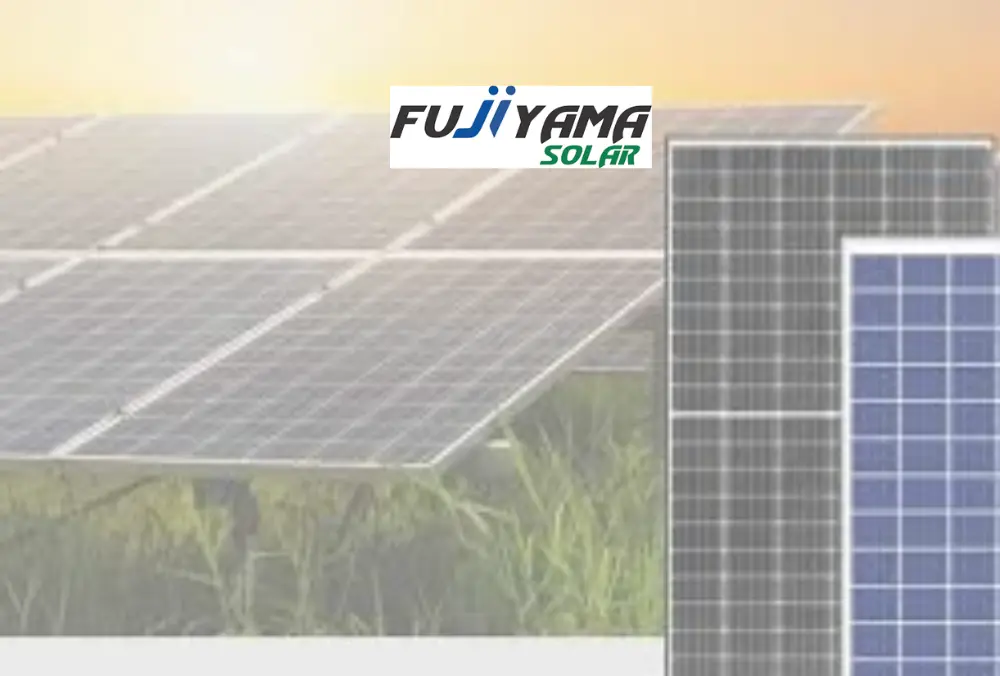 Fujiyama solar panels installed in open field at sunset