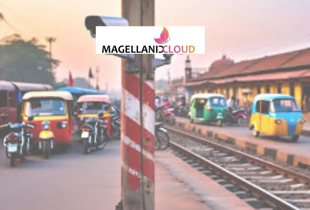 Colorful auto rickshaws near railway station with MagellanicCloud logo
