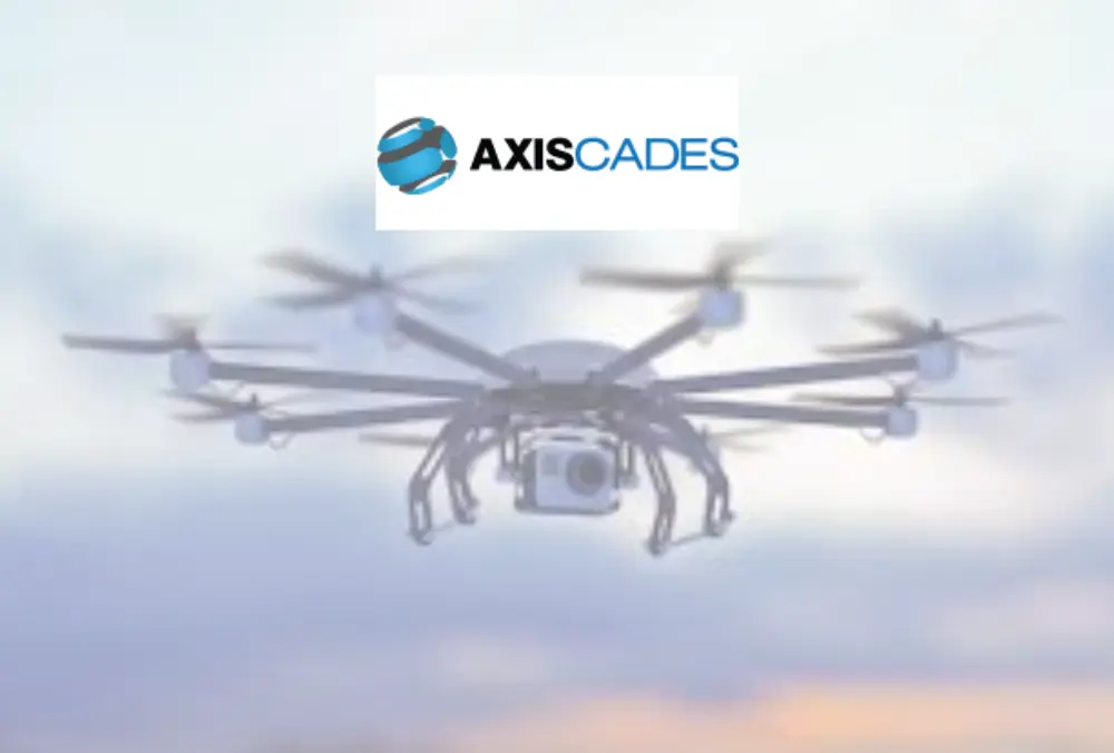 AXISCADES logo displayed over autonomous drone in flight