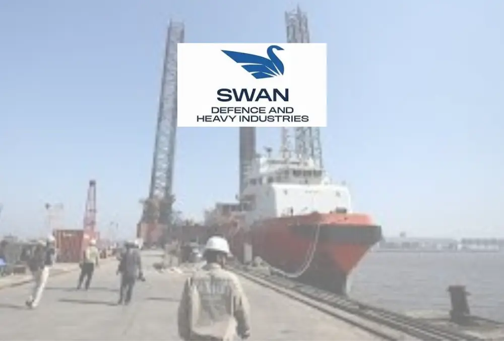 Swan Defence and Heavy Industries logo over shipyard scene