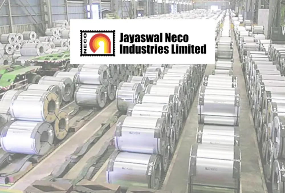 Jayaswal Neco Industries logo over steel coil manufacturing plant
