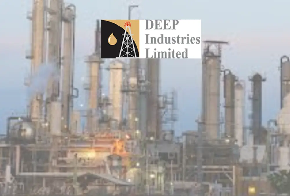 Deep Industries Limited logo over oil and gas processing plant