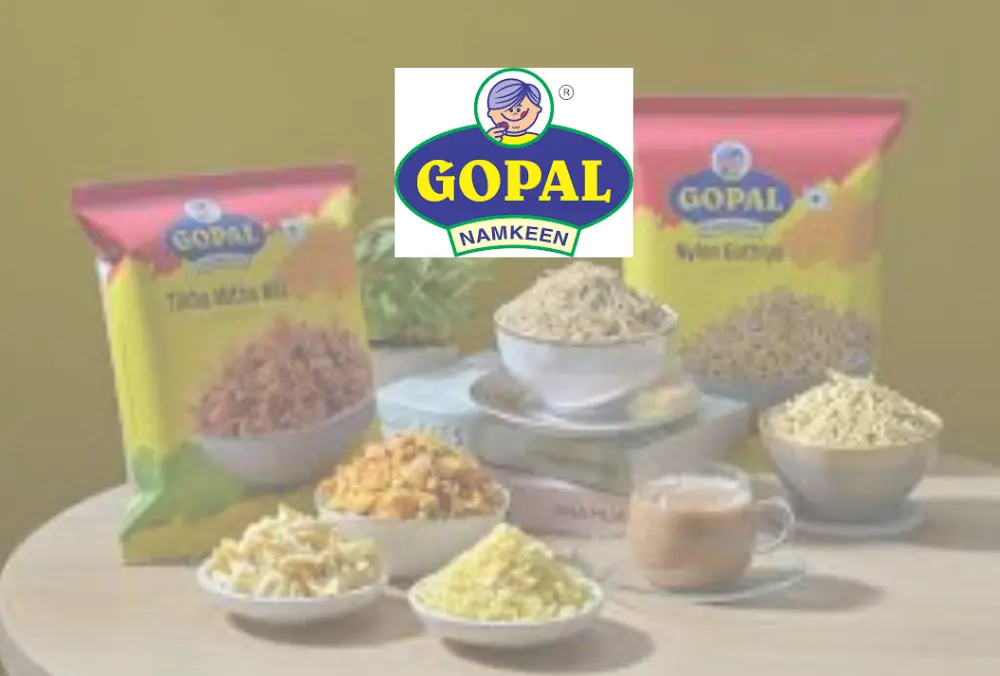 Gopal Namkeen logo displayed over packaged Indian snack products