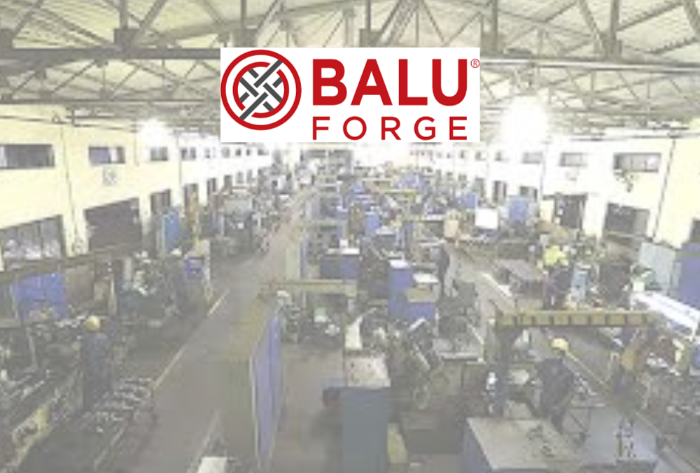 Balu Forge logo displayed over precision engineering factory floor