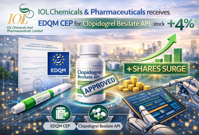 IOL Chemicals & Pharmaceuticals receives EDQM CEP for Clopidogrel Besilate API; stock moves up 4%
