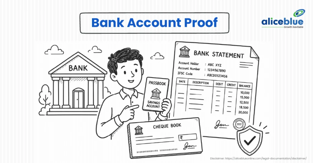 Bank account proof illustration showing passbook, bank statement, and cheque book as accepted bank account proof documents for KYC verification, with Alice Blue branding.