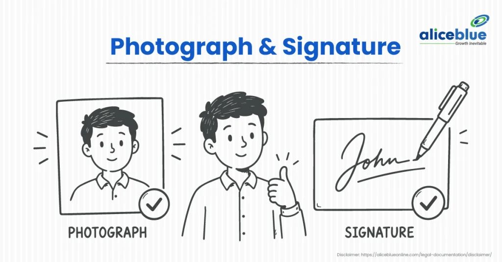 Photograph and signature illustration showing a passport-size photo and signature required for online KYC verification and demat account opening, with Alice Blue branding.