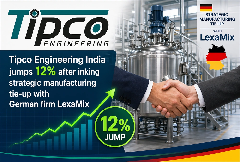 Graphic showing Tipco Engineering India rising 12% after a strategic manufacturing tie-up with German firm LexaMix.