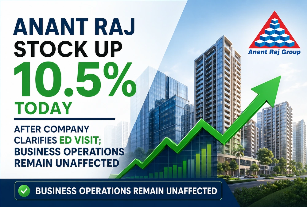 Graphic showing Anant Raj stock up 10.5% after the company said the ED visit did not affect business operations.