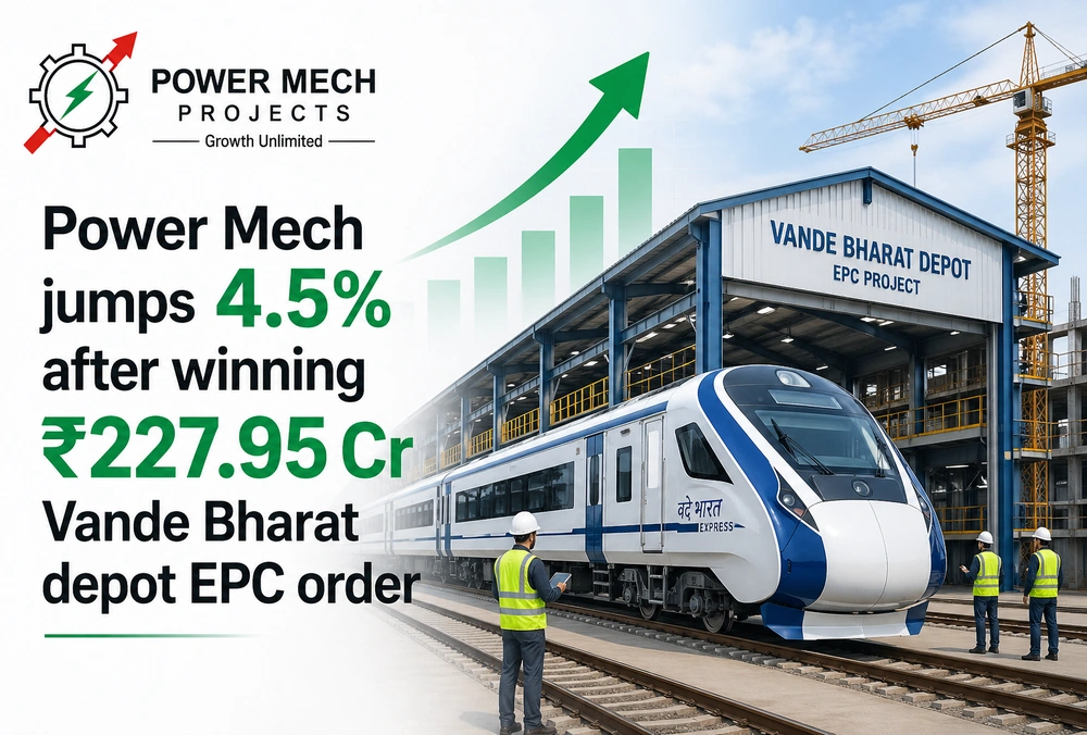 Graphic showing Power Mech up 4.5% after winning a ₹227.95 crore Vande Bharat depot EPC order.