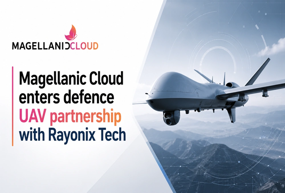 Graphic showing Magellanic Cloud entering a defence UAV partnership with Rayonix Tech.