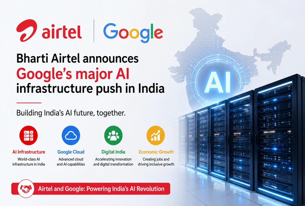 Graphic showing Bharti Airtel announcing Google’s major AI infrastructure push in India.