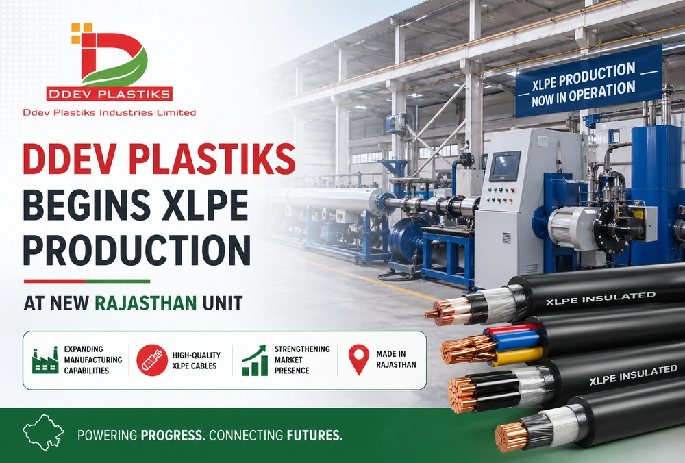 Graphic showing Ddev Plastiks beginning XLPE production at its new Rajasthan manufacturing unit.