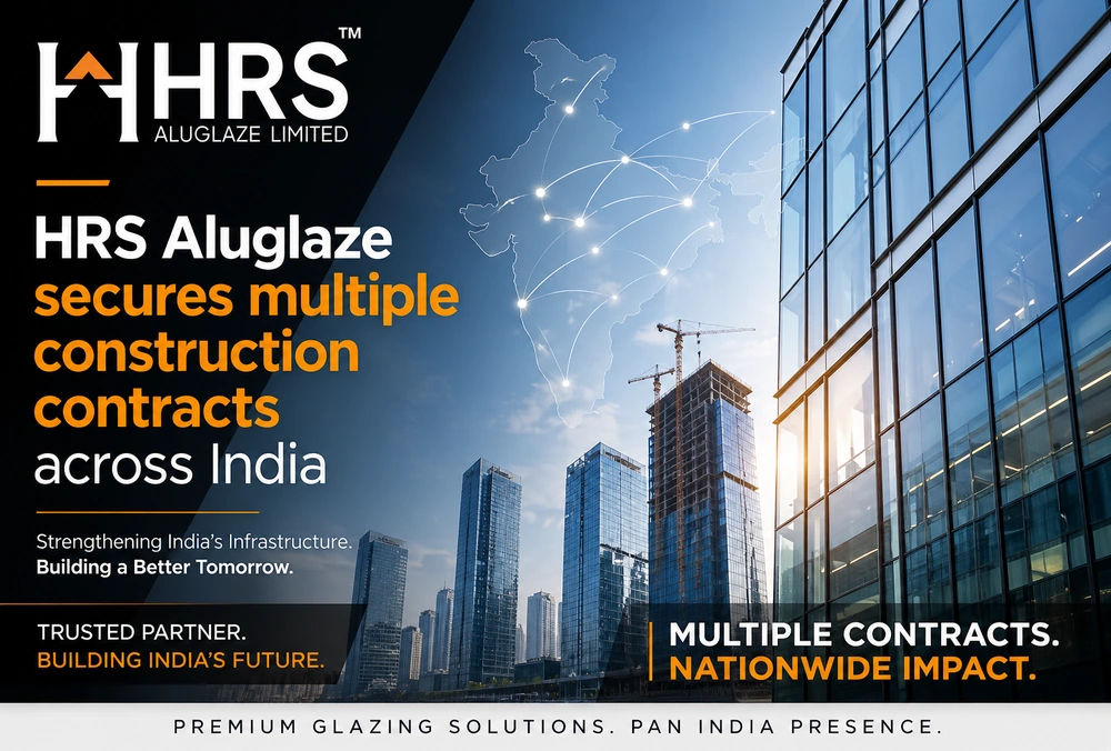 Graphic showing HRS Aluglaze winning multiple construction contracts across India.