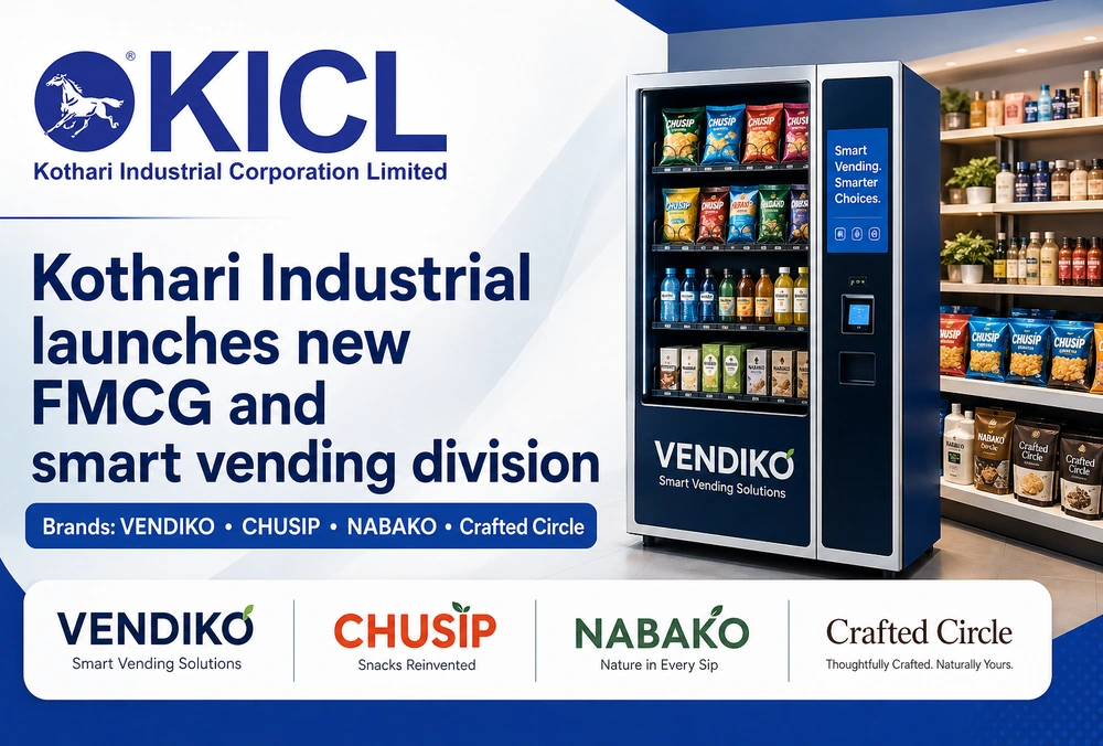 Graphic showing Kothari Industrial launching a new FMCG and smart vending division with VENDIKO, CHUSIP, NABAKO, and Crafted Circle.