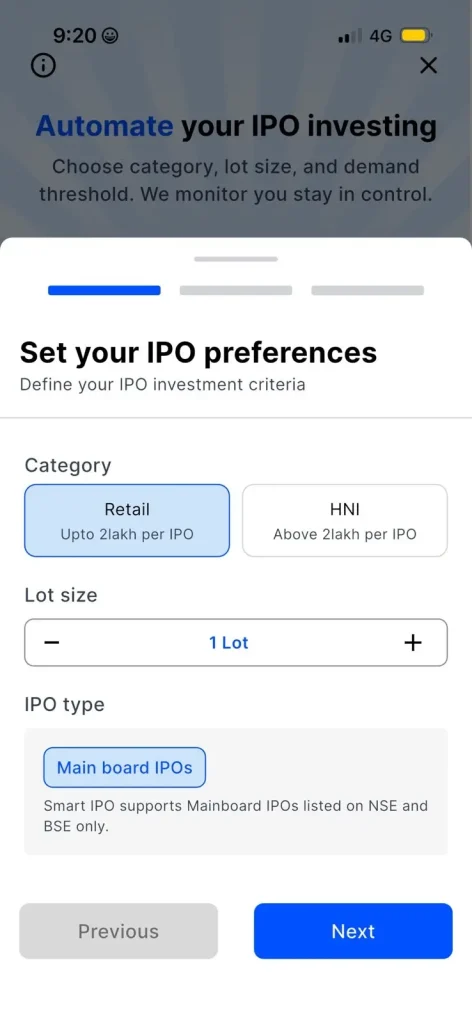 Super IPO screen showing IPO preference settings, including retail or HNI category selection, lot size selection, main board IPO option, and Next button for automated IPO investing.
