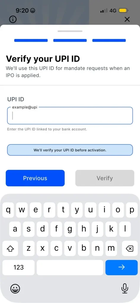Super IPO verification screen prompting users to enter and verify their UPI ID linked to a bank account before activating automated IPO applications.