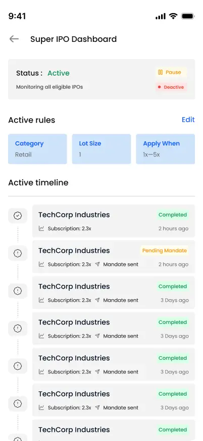 Super IPO dashboard displaying active IPO monitoring status, configured investment rules, and a timeline of IPO applications with subscription details and application status.