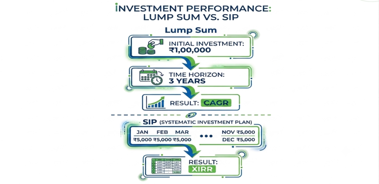 Infographic comparing lump sum and SIP investment performance showing CAGR and XIRR calculation