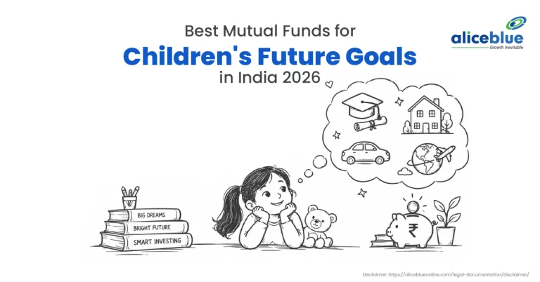 Illustration of a girl dreaming of education, home and travel goals, representing best mutual funds for children's future in India 2026
